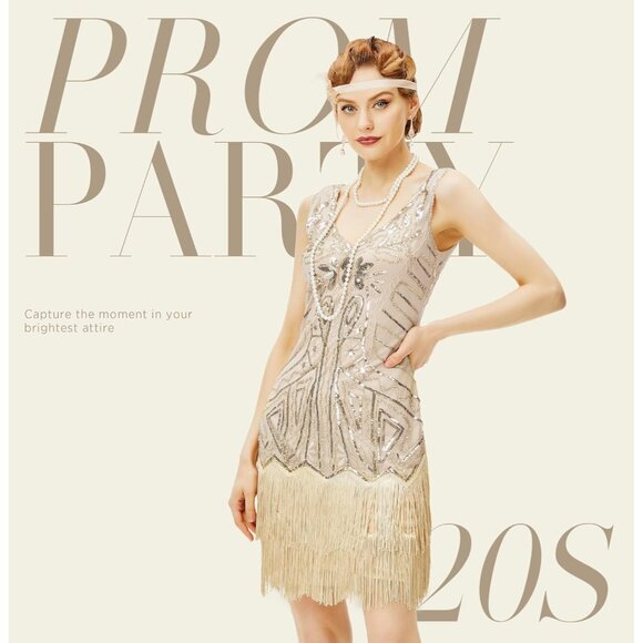 Women’s Beaded Flapper Dress 1920s Gatsby Style with Accessories Medium - Picture 4 of 5